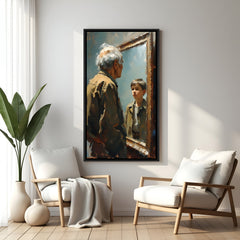 Modern emotional artwork of old man and young reflection in black floater frame with symbolic artistic storytelling
