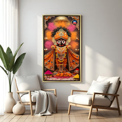 Regal Jagannath vertical artwork in golden floater frame with peacock feather crown and illuminated festive background.