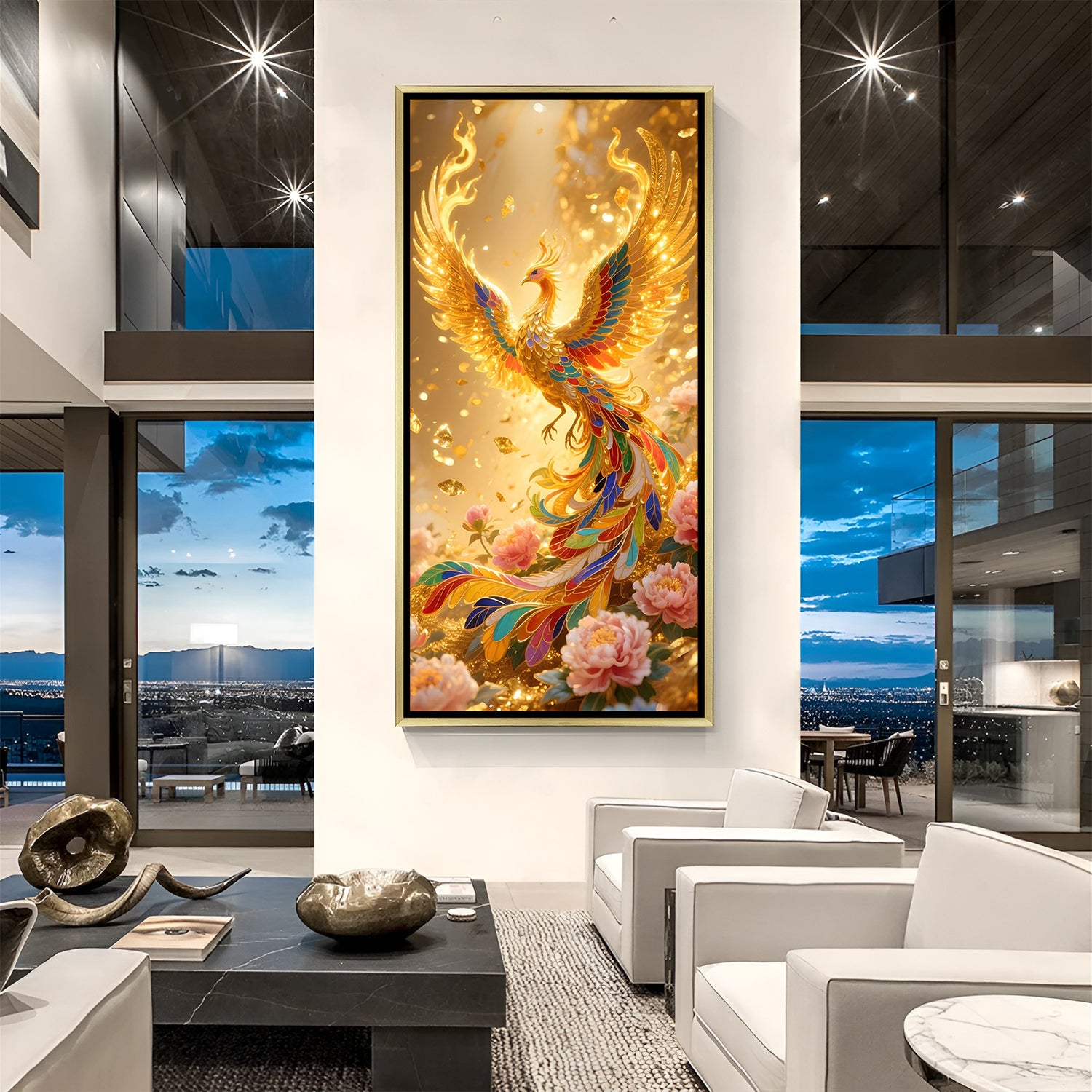 Elegant golden phoenix portrait wall art in gold frame with colorful plumage and floral accents.