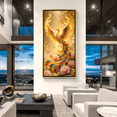 Elegant golden phoenix portrait wall art in gold frame with colorful plumage and floral accents.