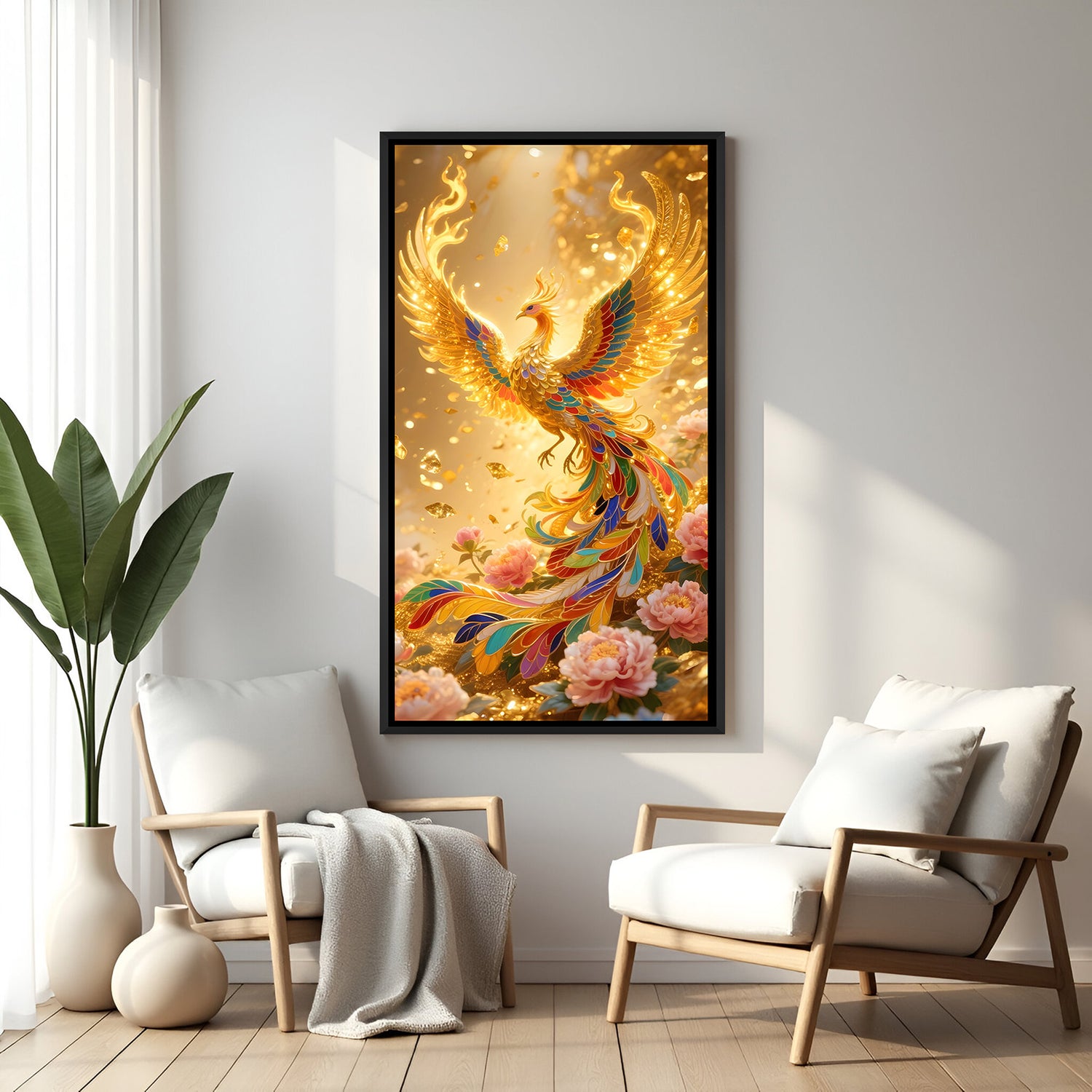 Luxury vertical phoenix portrait artwork in black frame featuring vibrant feathers and golden glow.