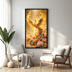 Luxury vertical phoenix portrait artwork in black frame featuring vibrant feathers and golden glow.