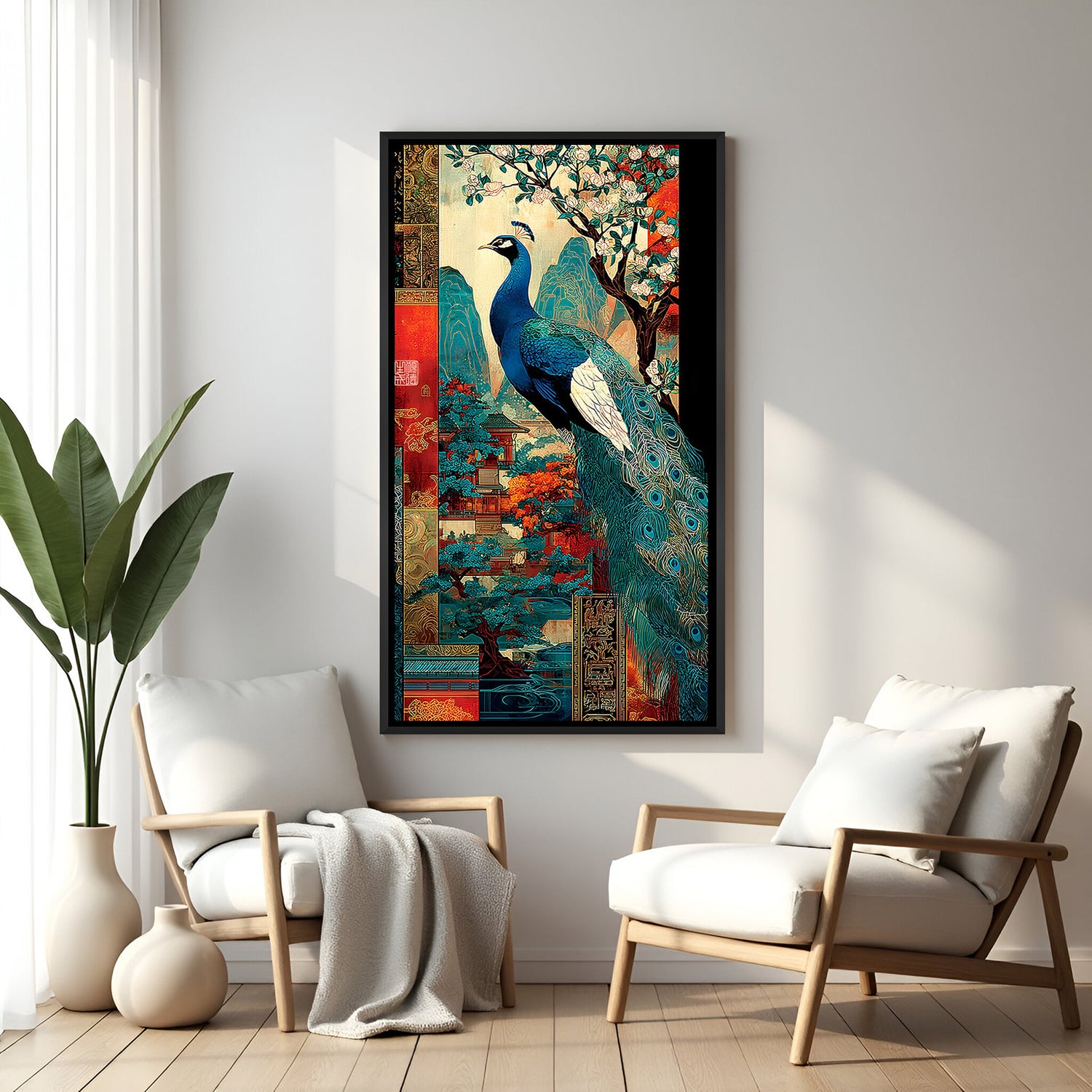 Royal peacock wall decor with intricate plumage design in elegant black floater frame