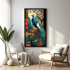 Royal peacock wall decor with intricate plumage design in elegant black floater frame