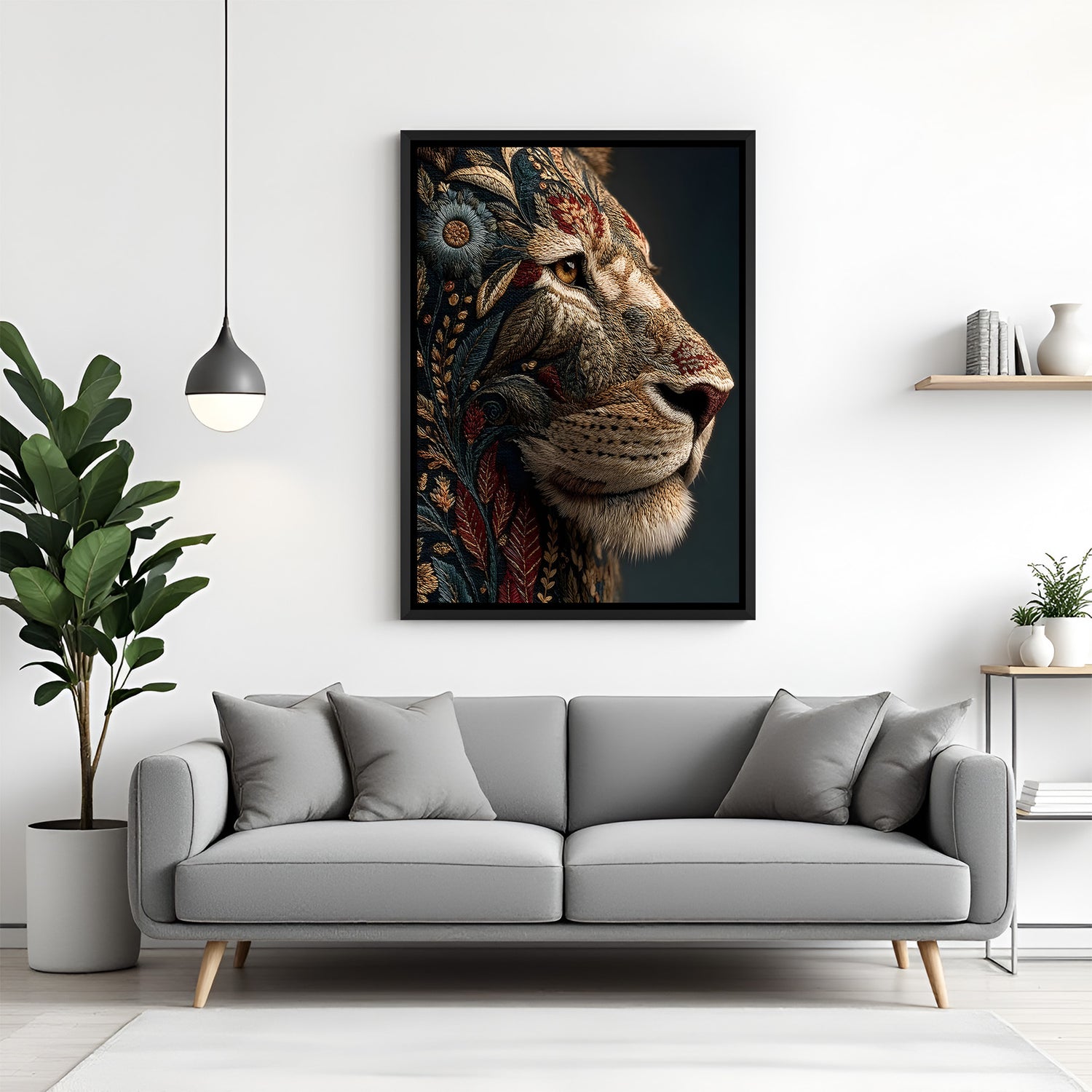 Luxury lion portrait artwork in black floater frame with intricate ornamental detailing and dramatic lighting.