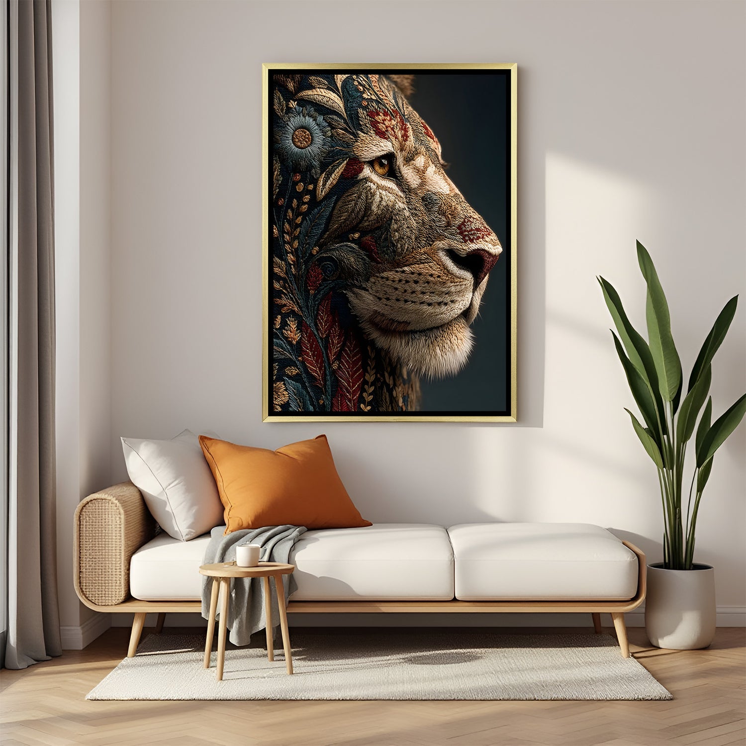 Elegant lion portrait wall art in gold floater frame showcasing artistic patterns and refined textures.