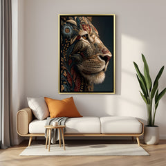 Elegant lion portrait wall art in gold floater frame showcasing artistic patterns and refined textures.