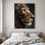 Ornate lion portrait wall art in canvas wrapped frame featuring detailed decorative patterns and rich dark background