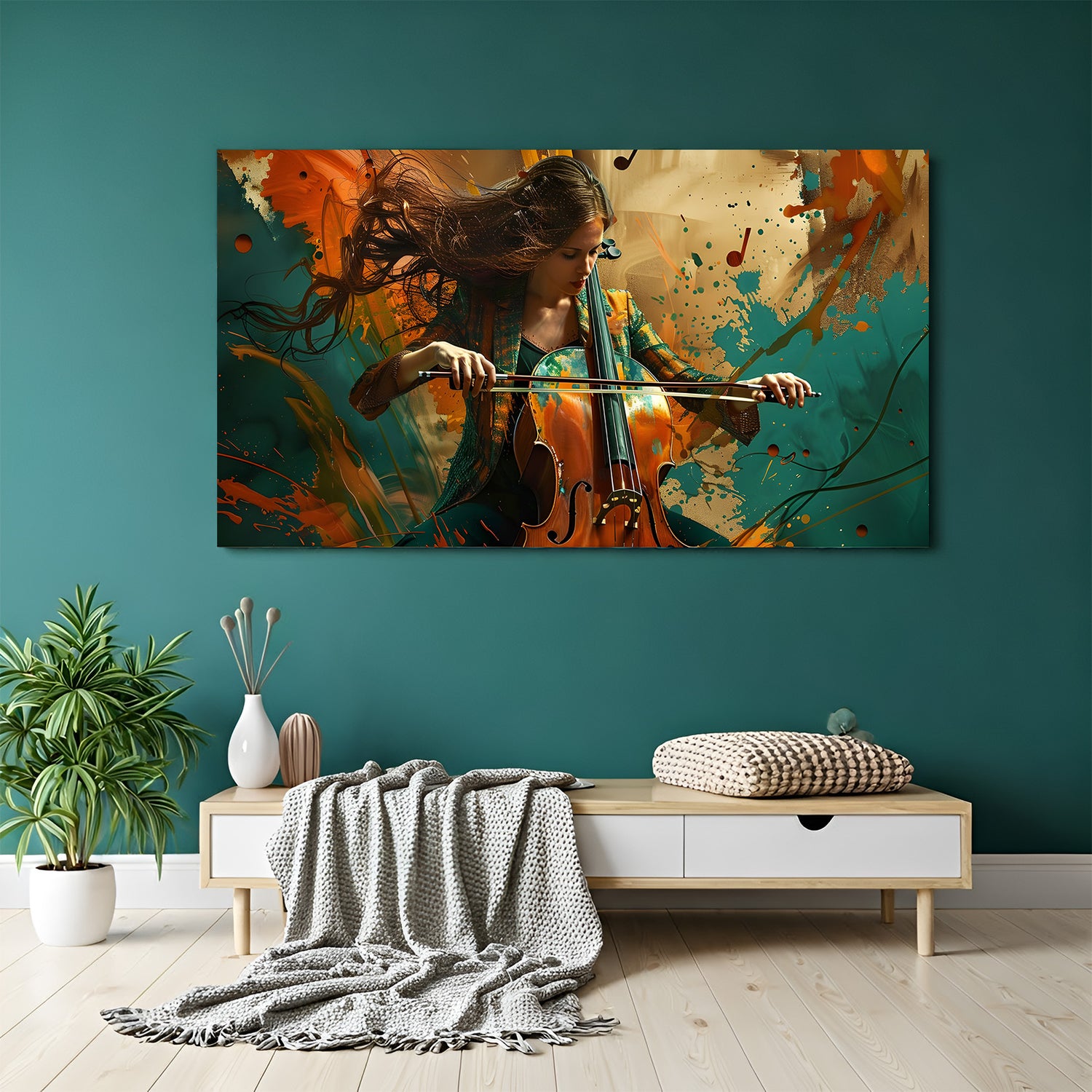 Contemporary music canvas wall art featuring a female cello player with teal and orange abstract splashes in a modern interior.