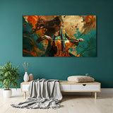 Contemporary music canvas wall art featuring a female cello player with teal and orange abstract splashes in a modern interior.