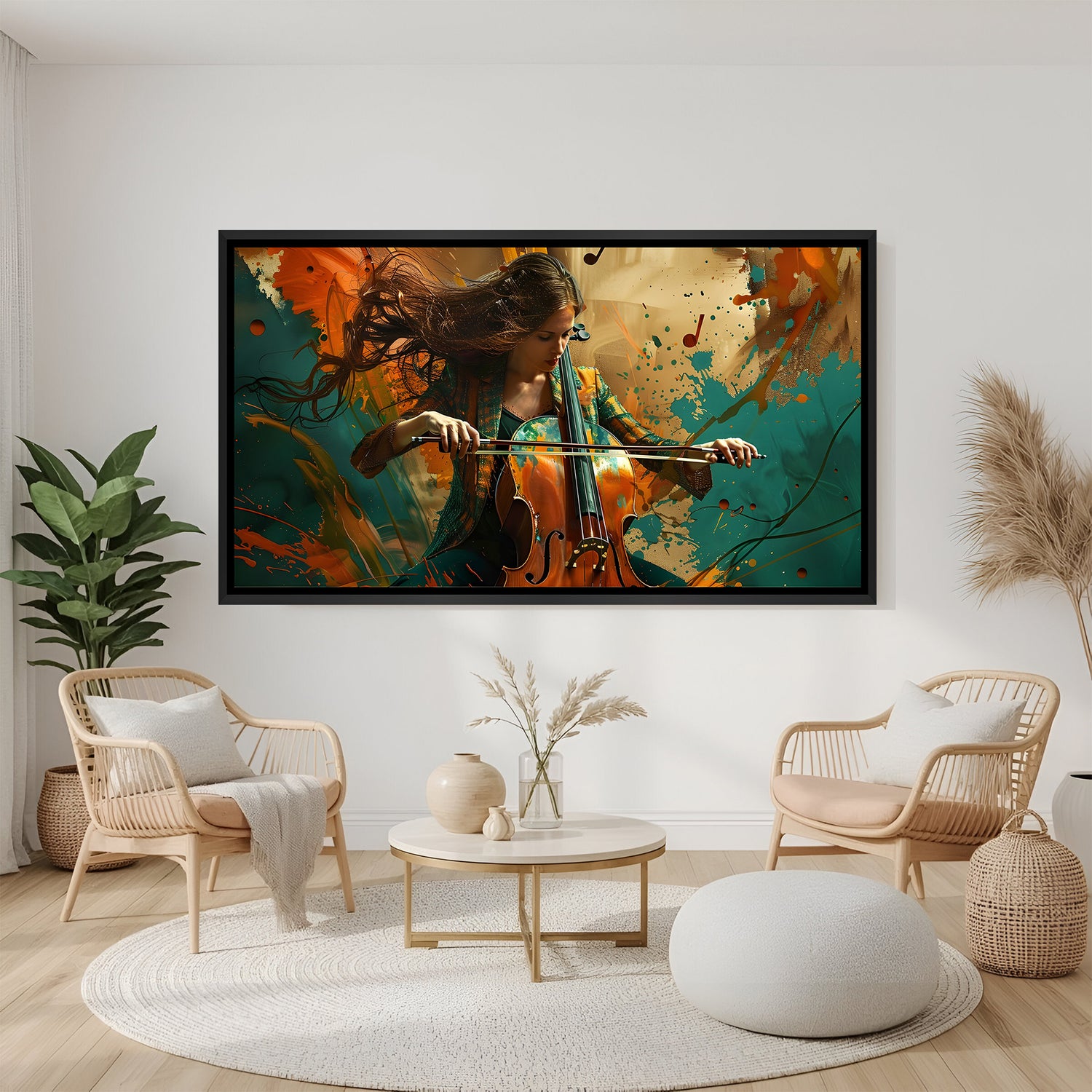 Modern cello artwork in black floater frame with bold teal and amber tones displayed above a sofa.