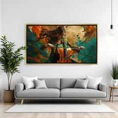 Luxury contemporary music wall art in gold floater frame showcasing dynamic cello performance with vibrant abstract background.