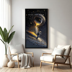Space motivational wall art with Ride Infinite quote in elegant black floater frame modern cosmic interior decor