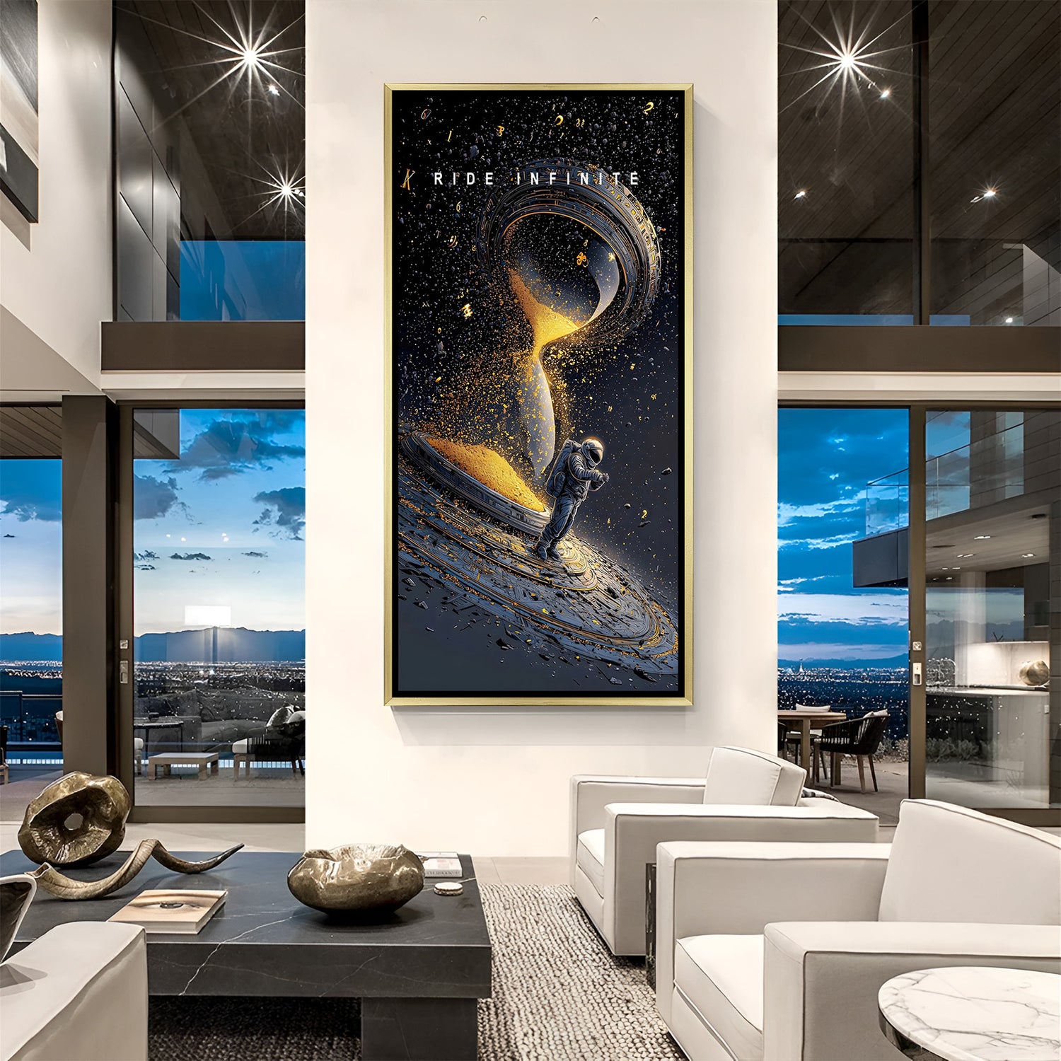 Luxury Ride Infinite space canvas artwork in golden floater frame with cinematic galaxy motivational theme