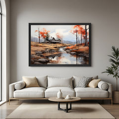 Black-framed vintage landscape of house near river with trees—painted-style wall art for peaceful interiors