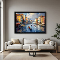Modern city and river artwork with boat in elegant black floater frame featuring contemporary urban scenery