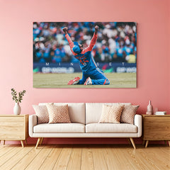 Canvas artwork of Rohit Sharma celebrating on knees, arms wide, in stadium with Mindset quote