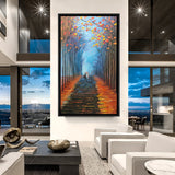 Romantic couple walking under umbrella in autumn path hand painting – black floater frame canvas artwork