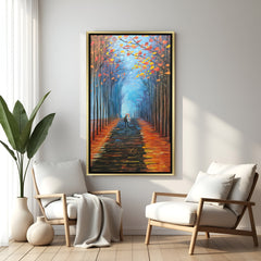 Romantic couple autumn hand painted canvas in golden floater frame – love and relationship wall art