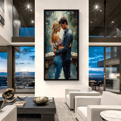 Romantic couple embrace wall painting in sleek black floater frame for premium home decor