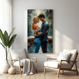 Romantic couple embrace canvas wall art wrapped on a stretcher frame displayed in modern living room
