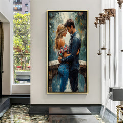 Romantic couple embrace canvas wall art in golden floater frame showcasing luxury wall decor