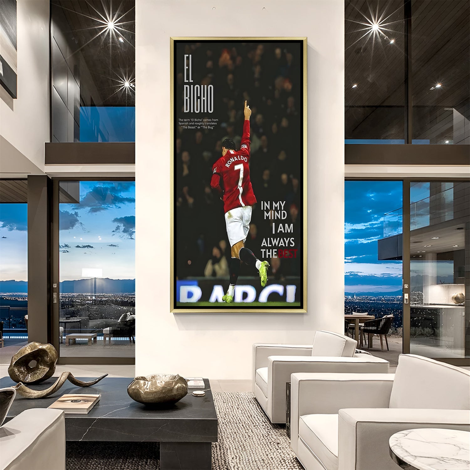 Cristiano Ronaldo motivational football artwork in golden floater frame luxury sports wall painting decor