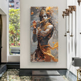 Lord Krishna golden crown flute oil painting canvas wall art in canvas wrapped frame with royal divine style