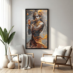 Krishna flute oil painting with golden crown in elegant black floater frame luxury spiritual canvas decor