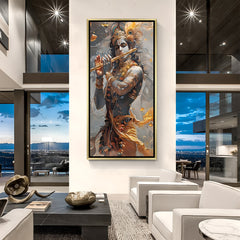 Divine Lord Krishna royal oil canvas painting with golden crown flute artwork in golden floater frame