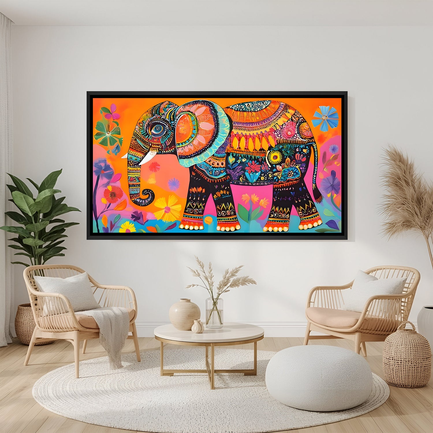 Royal Elephant Kalamkari Indian canvas artwork in premium black floater frame