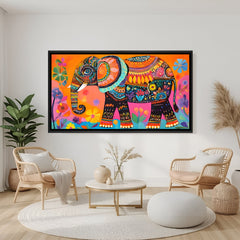 Royal Elephant Kalamkari Indian canvas artwork in premium black floater frame