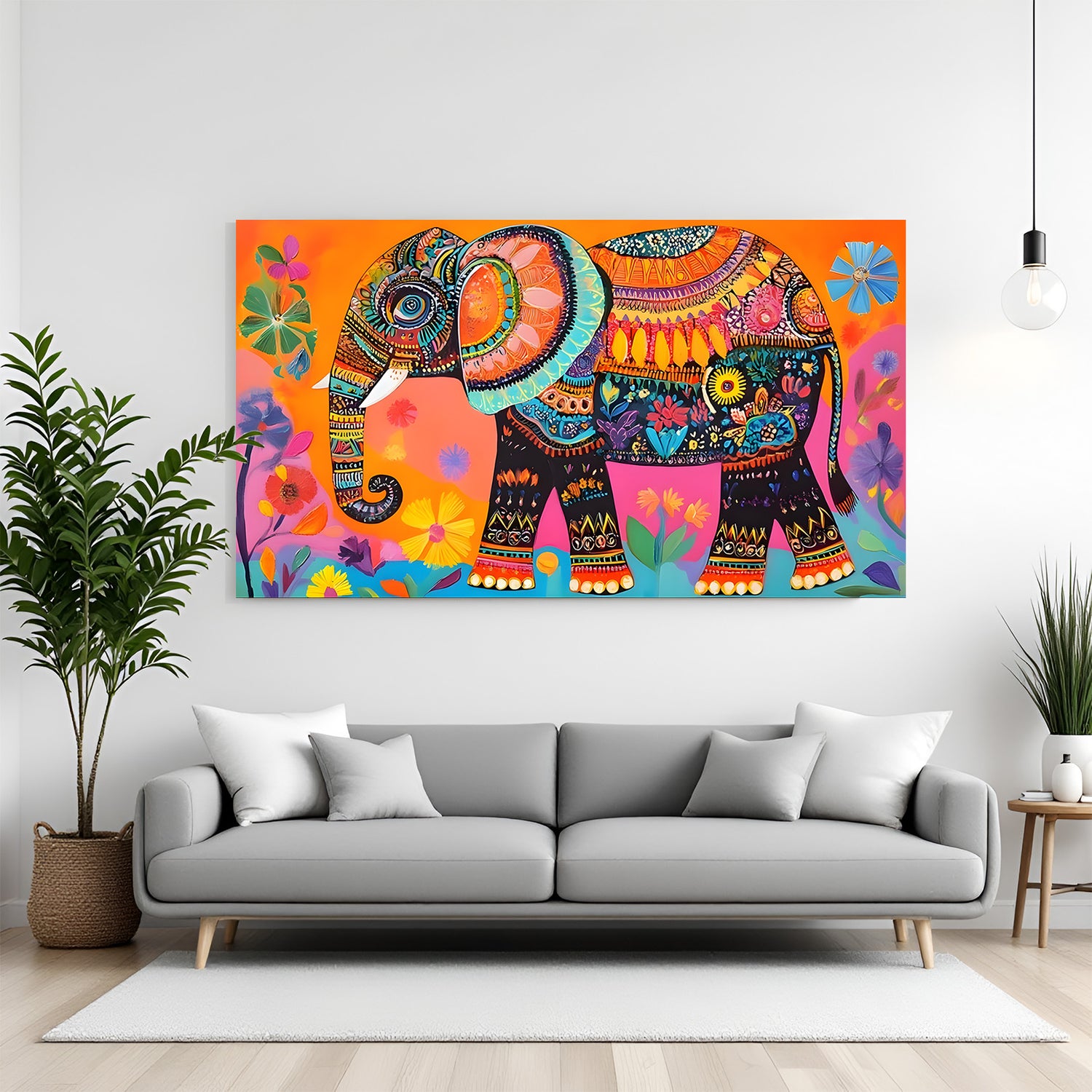 Royal Elephant Kalamkari canvas painting with traditional Indian artwork in canvas wrapped frame