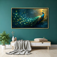 Panoramic peacock artwork in a gold floater frame featuring cascading emerald tail feathers illuminated by soft glowing light accents.