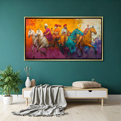 Royal ethnic warriors on horses wooden frame wall art for home decor