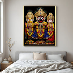 Royal Jagannath Balabhadra Subhadra wall decor in golden floater frame featuring ceremonial crowns and floral adornments.