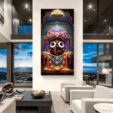 Large vertical Lord Jagannath canvas wrapped wall art with temple jewelry and diya lighting.