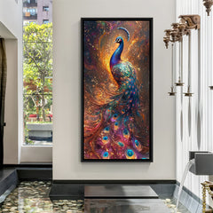 Majestic peacock canvas painting in sleek black floater frame, premium HD print ideal for contemporary living room and luxury interior decoration.