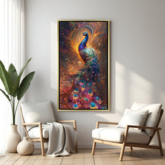 Beautiful peacock canvas wall art in luxurious golden floater frame, artistic premium decor piece for hallways, bedrooms, and vastu-positive home design.