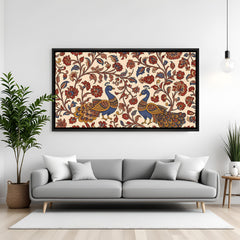 Royal Peacock Kalamkari Indian canvas artwork in premium black floater frame