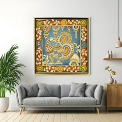 Luxury peacock Kalamkari artwork in golden floater frame with handcrafted Indian design