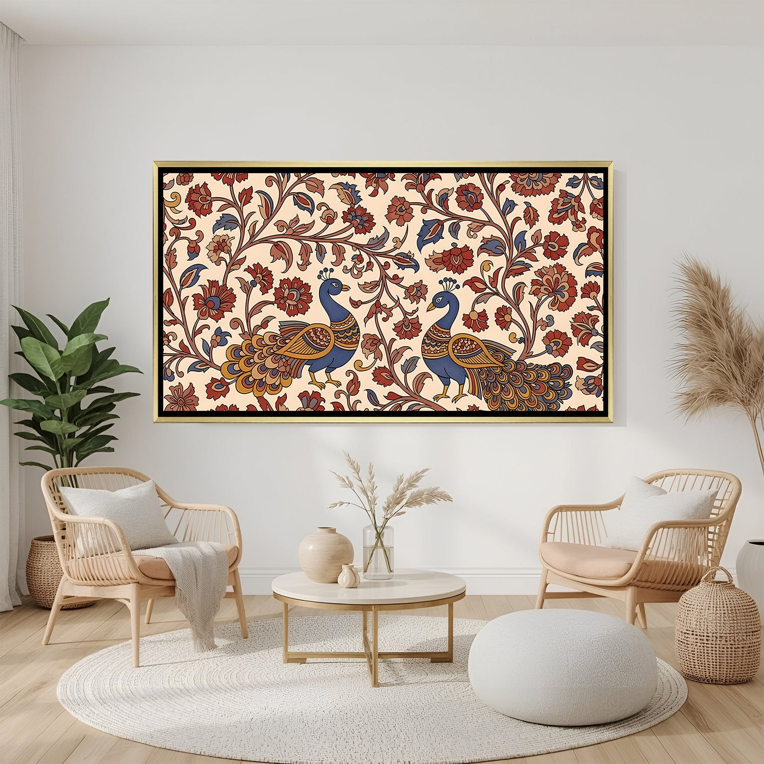 Kalamkari peacock wall art in luxury golden floater frame with traditional Indian design