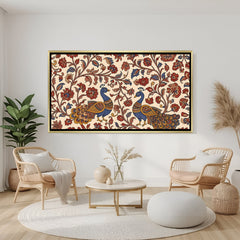 Kalamkari peacock wall art in luxury golden floater frame with traditional Indian design