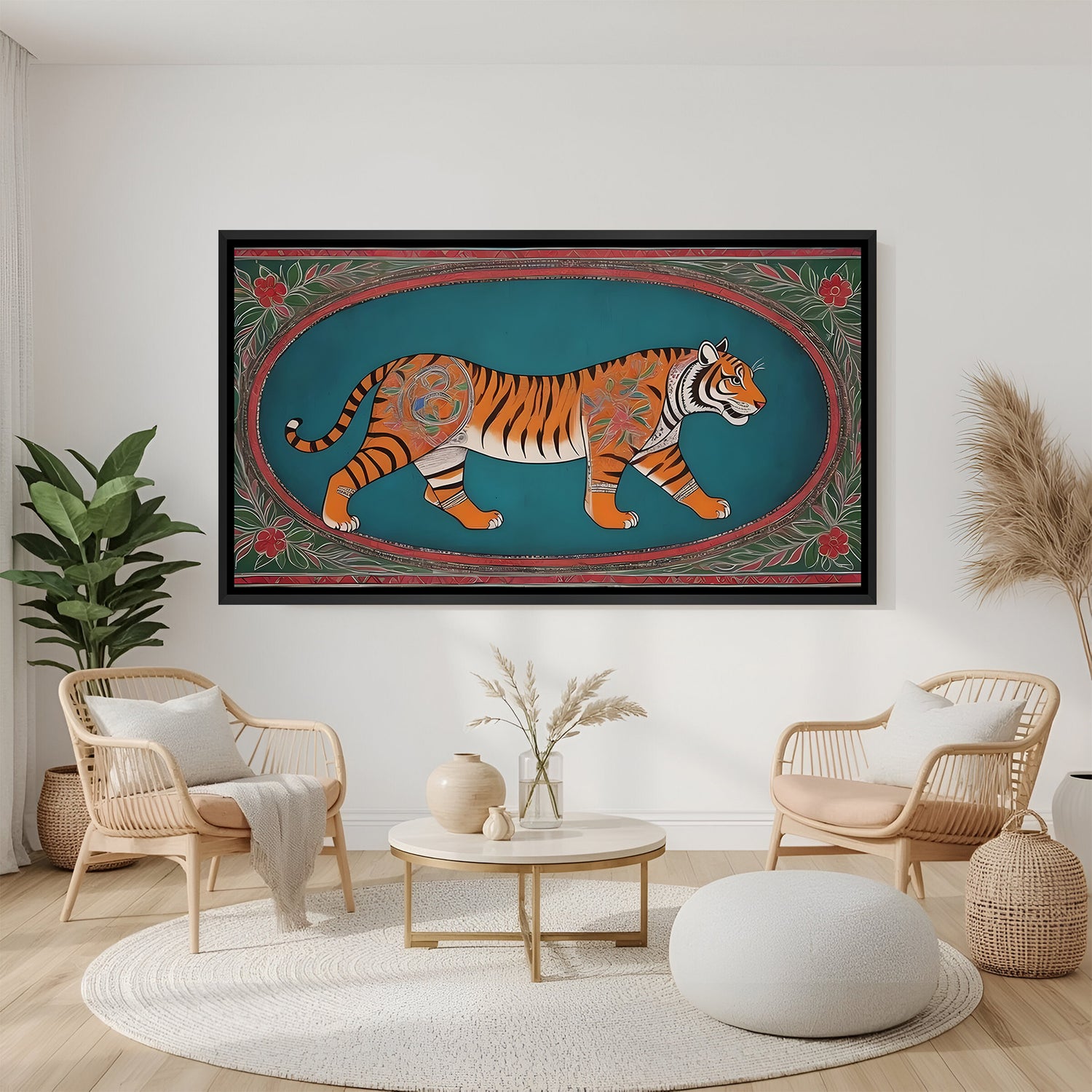 Tiger Kalamkari wall painting in elegant black floater frame for luxury modern interiors