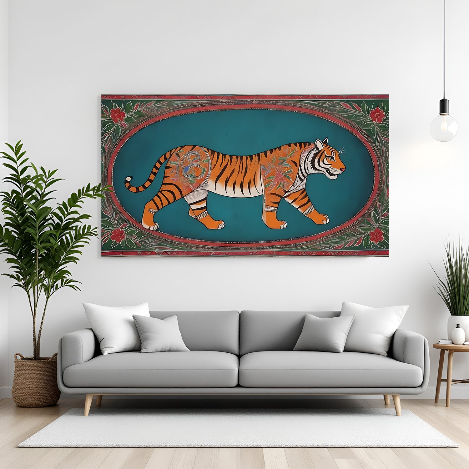 Royal tiger Kalamkari canvas wall art in premium canvas wrapped frame with traditional floral detailing