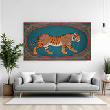 Royal tiger Kalamkari canvas wall art in premium canvas wrapped frame with traditional floral detailing