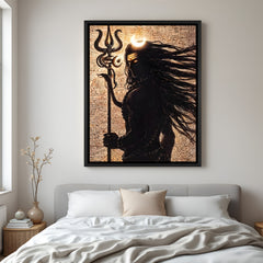 Dramatic Mahadev silhouette with trishul on textured background in elegant black floater frame