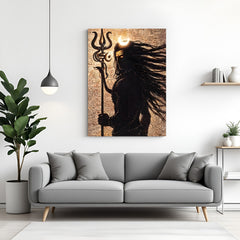 Silhouetted Lord Shiva holding trishul against textured background canvas wall art in premium canvas wrapped frame