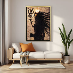 Lord Shiva silhouette canvas painting with trishul and textured backdrop in luxurious golden floater frame