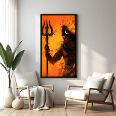 Rudra Shiva vertical portrait with trishul in black floater frame bold spiritual wall art India